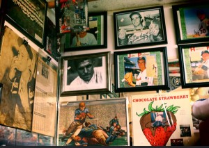wall of vintage sports memorabilia