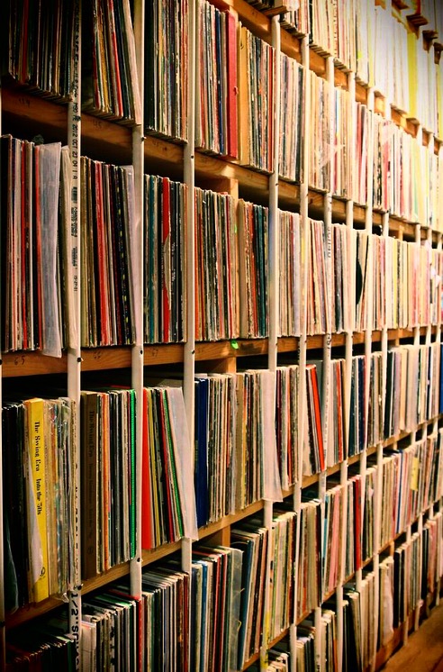 wall of records at The Record Collector