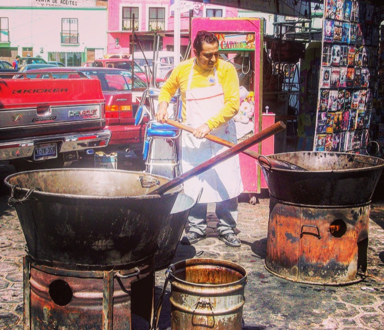 outdoor cooking at the market meat stand