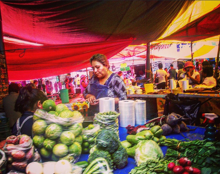 colorful tarps covering the outdoor market Zacatelco, Mexico
