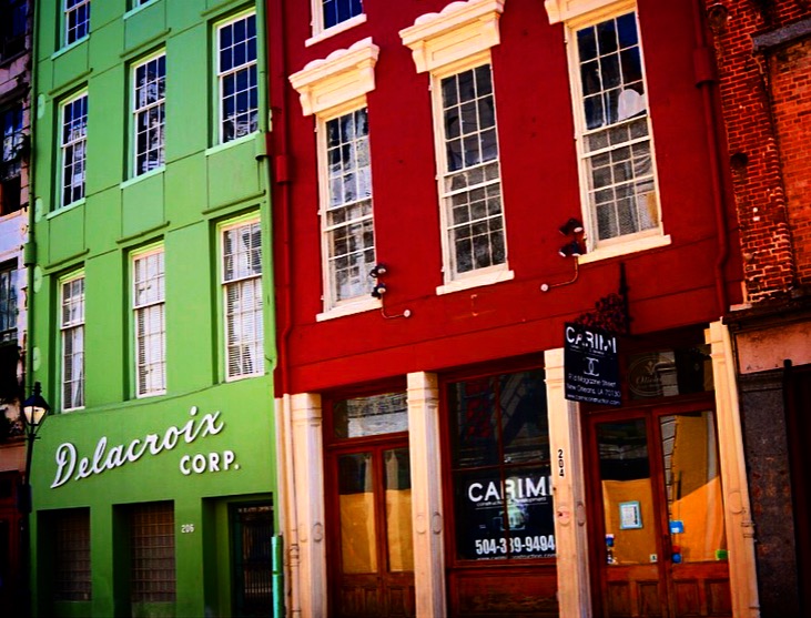 Delacroix Corporation Fur and other colorful buildings on Decatur Street, New Orleans, Louisiana