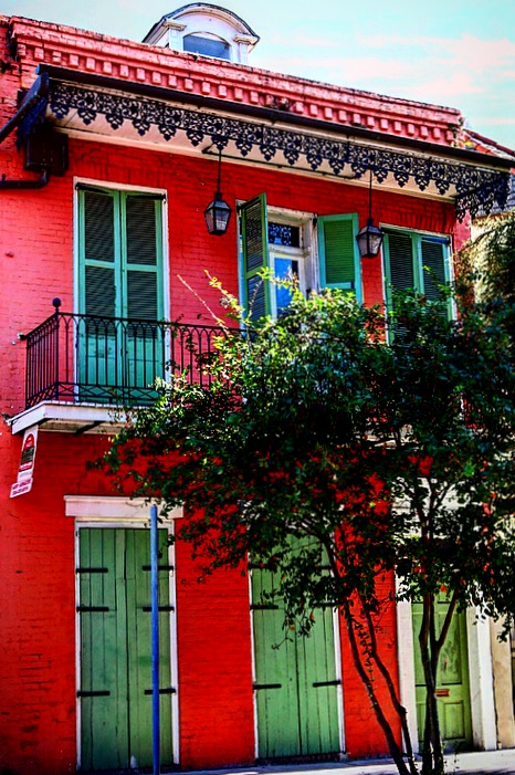 home painted in festive Christmas red and green colors, New Orleans, Louisiana