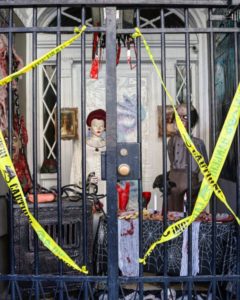 vestibule & front door of the LaLaurie Mansion is decorated for Halloween haunted French Quarter, New Orleans