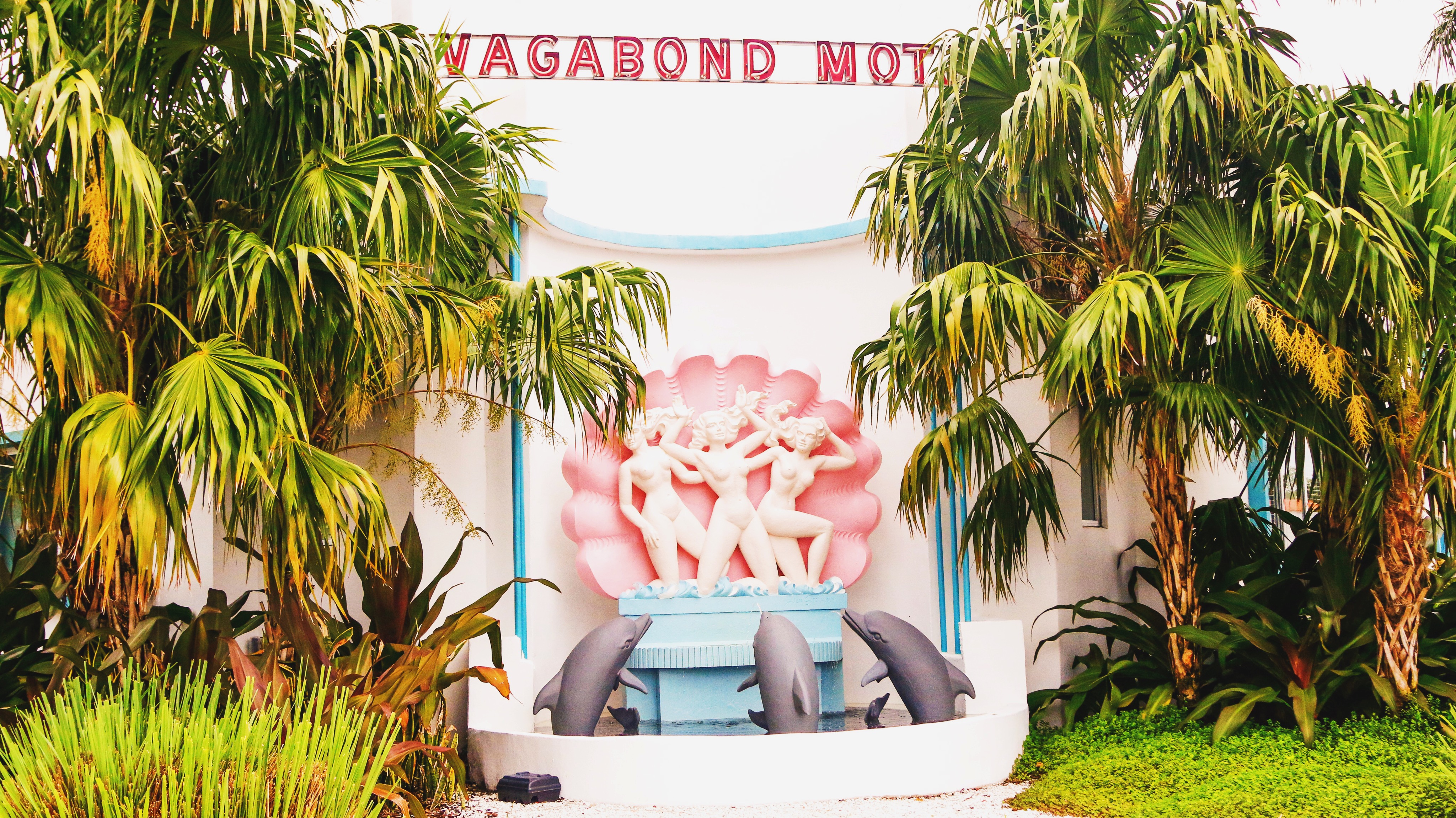The famous Vagabond Motel Mermaid Fountain in the MiMo Historic District, Biscayne Boulevard, Miami, Florida