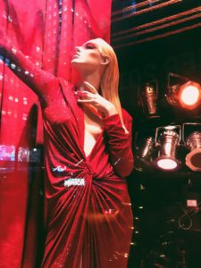 Saks Mannequin in Red Gown - Theater of Dreams Sign 2018 Holiday Window Display