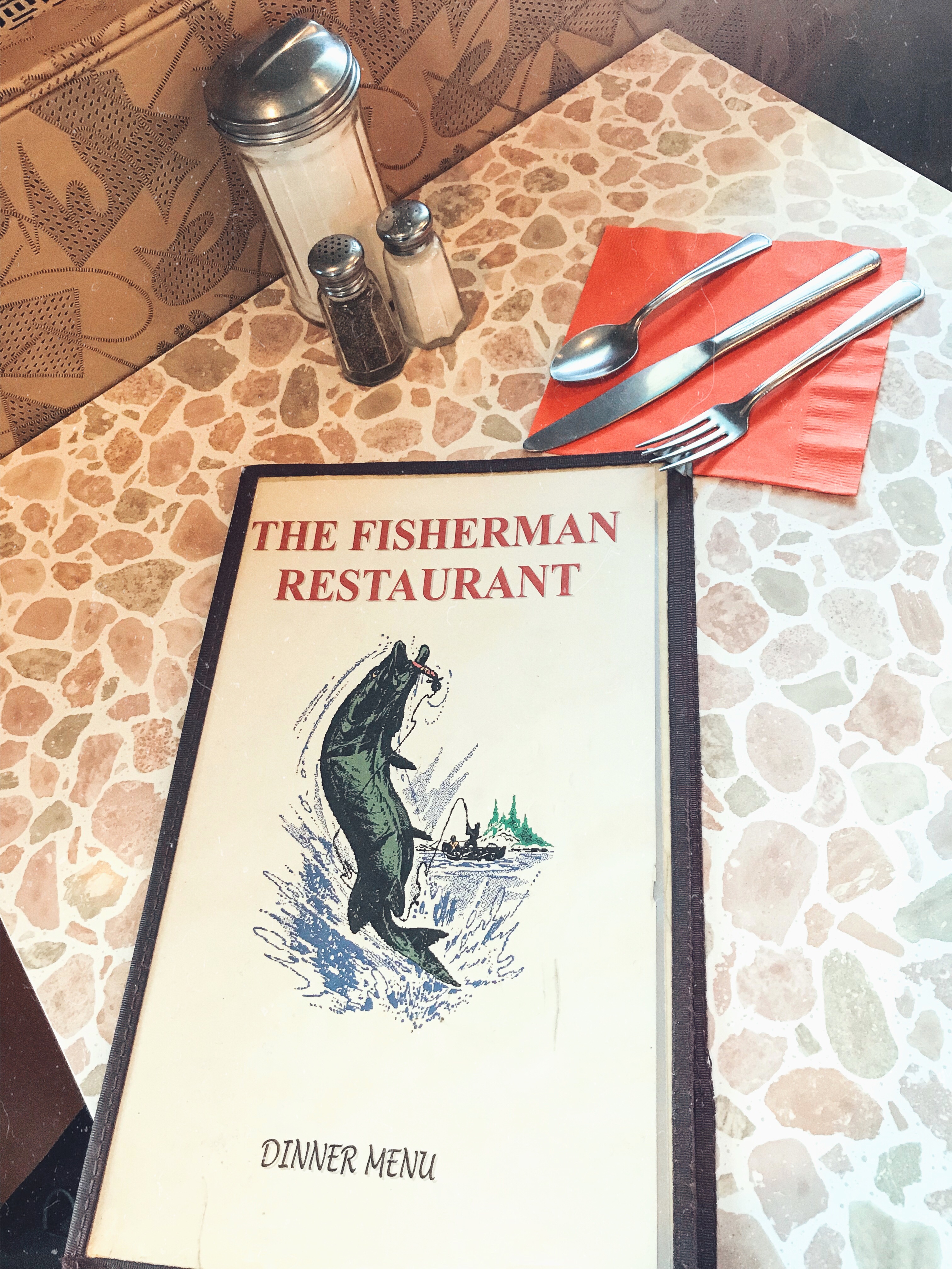 Menu and table setting at The Fisherman Restaurant in Phoenixville, Pennsylvania 