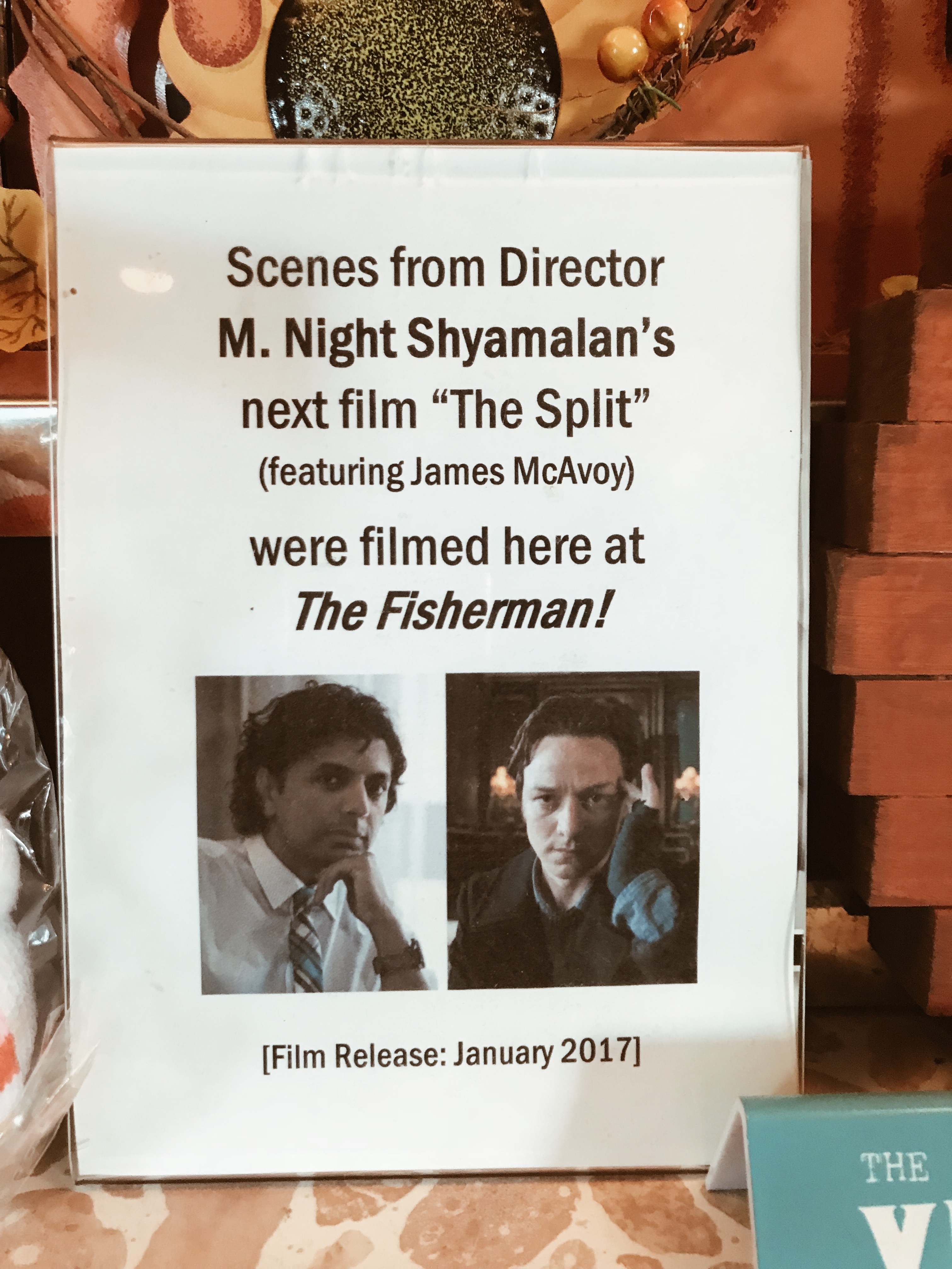 Sign on counter about the filming of M. Night Shyamalan's "The Split" on location at The Fisherman Restaurant, Phoenixville, Pennsylvania